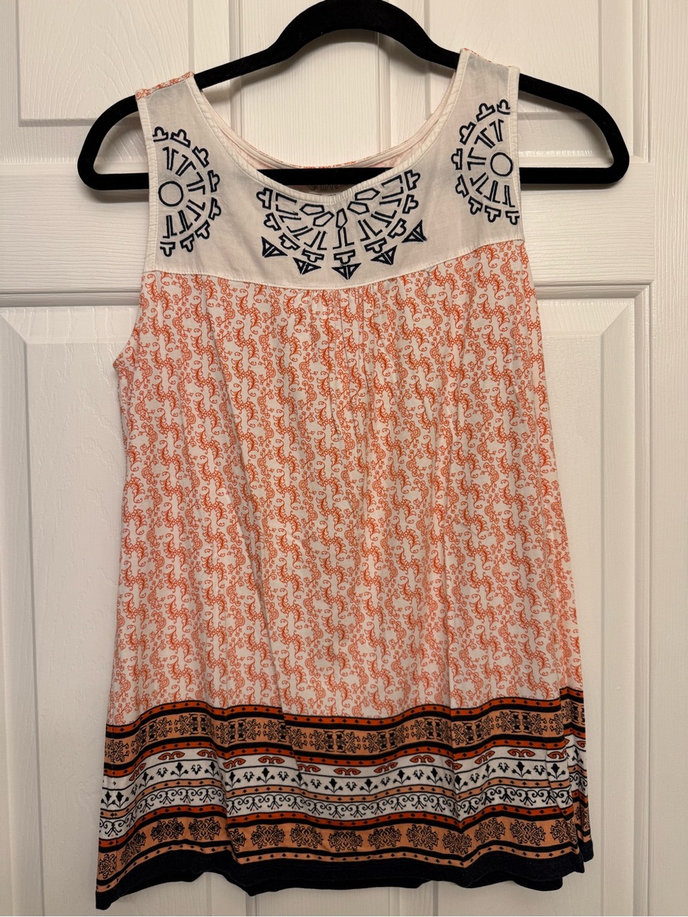 Embroidered Yoke Orange Printed Sleeveless Tank Top